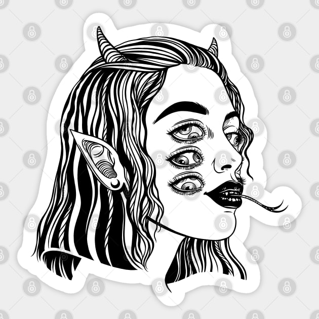 Demonic shake girl with horns and six eyes Sticker by OccultOmaStore